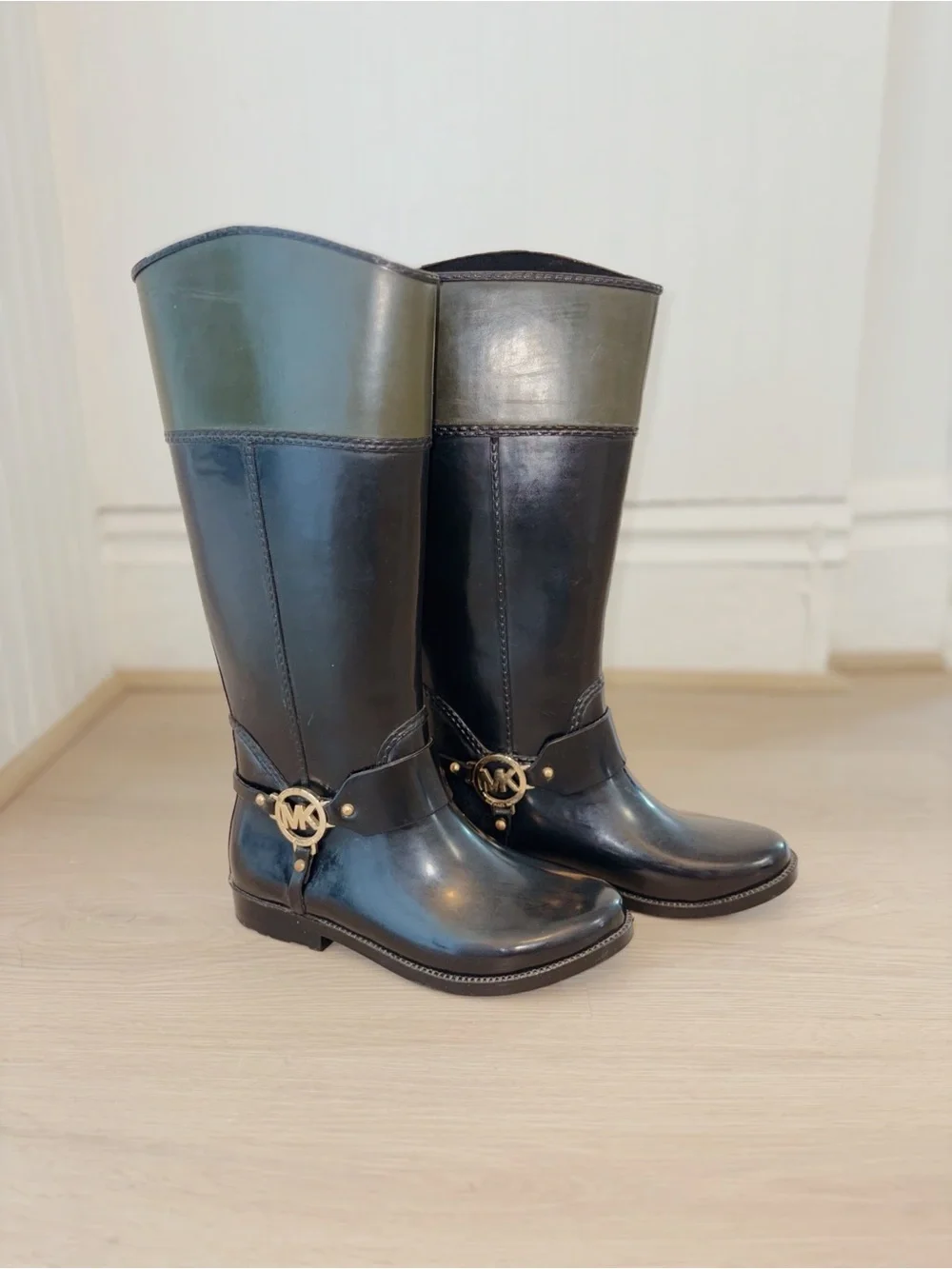 Michael Kors Fulton Harness Black Riding Boot with Olive Cuff and Gold Hardware